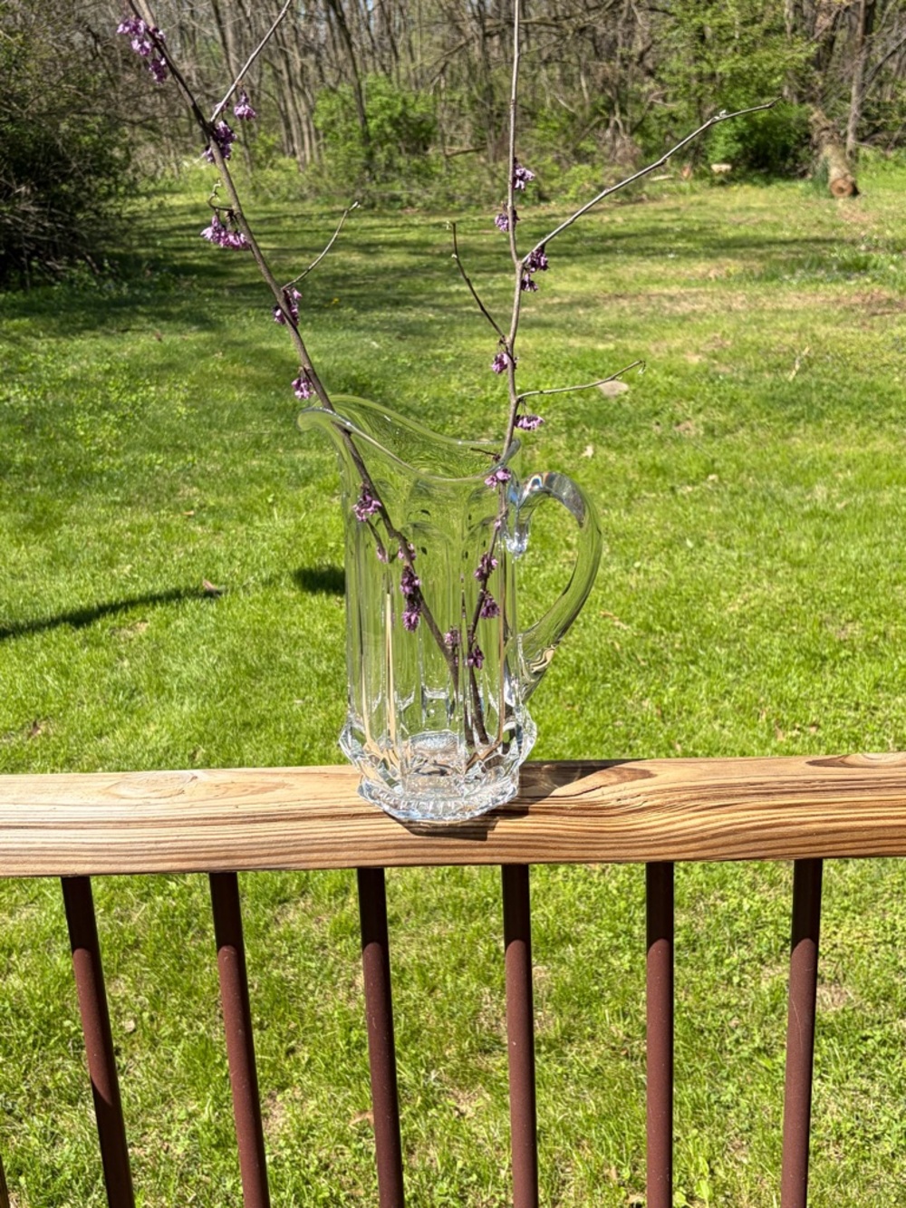 Vintage Clear Glass Pitcher Paneled Starburst Base Scalloped Rim Farmhouse Vase - Picture 2 of 10